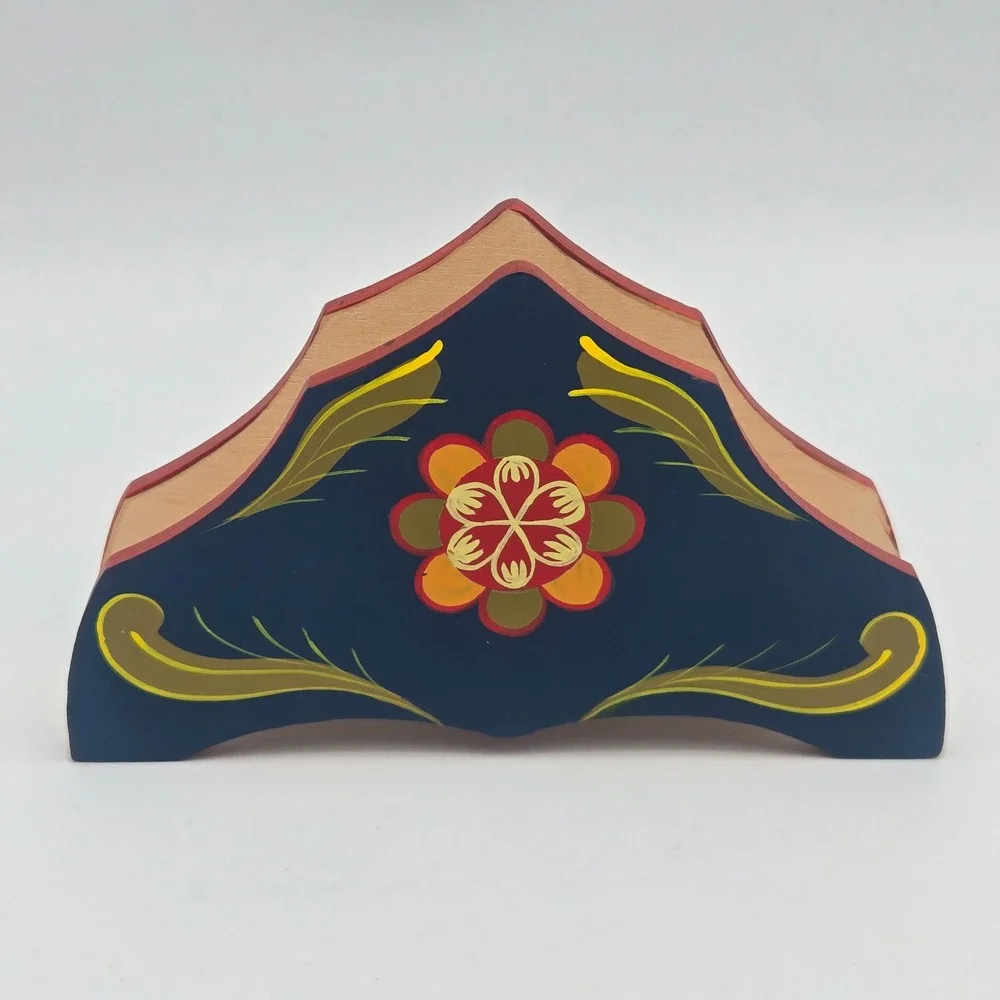 Swedish Dala Hand Painted Bird Floral Wooden Napkin Holder Scandinavian Folk Art